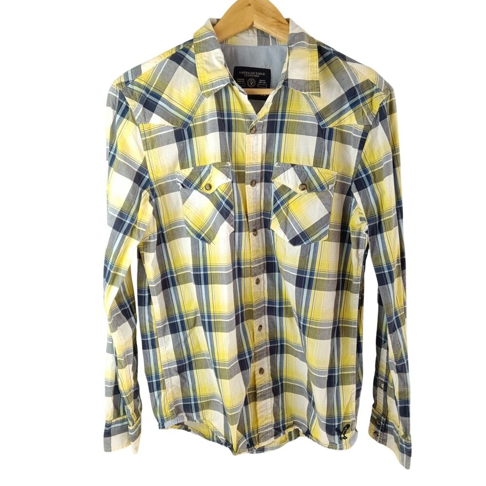 American Eagle Outfitters Vintage Fit Yellow Blue Plaid Button Down Shirt